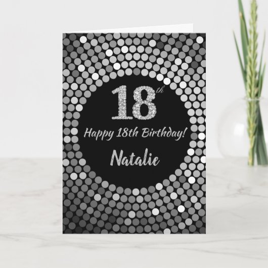 ハッピー18誕生日ブラック&シルバーグリッターカード カード (正面)
