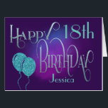 ハッピー18th名パープル装飾文字誕生日 カード<br><div class="desc">大きなスタイリッシュスタイルでハッピー18誕生日を望む魔法の雰囲気のデザイン!ハッピーバースデーは装飾的なスクリプト文字で青の色合いで設定され、年齢は受領者名と一緒にコーディネートされた書体で、背景には紫の色合いで設定される。メッセージの内側を自分の挨拶に変更し、簡単に前面の年齢と名前をパーソナライズすることができる。スパークルフェイクティール(緑がかった色)バルーン前面に完璧な仕上げtouchを追加!</div>