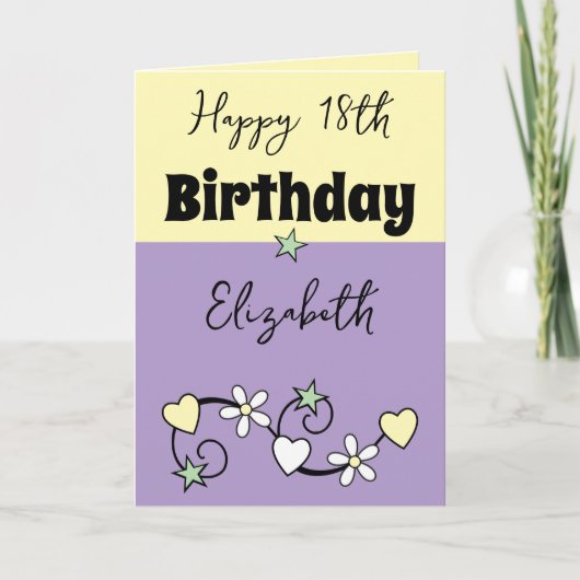 ハッピー18th誕生日の名前パープルイエロー カード (正面)