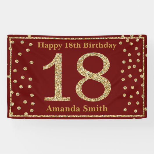 ハッピー18th誕生日バナーブルゴーニュレッド金ゴールド 横断幕 (横)
