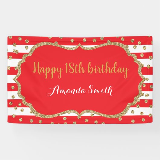 ハッピー18th誕生日バナーレッド金ゴールドグリッター 横断幕 (横)