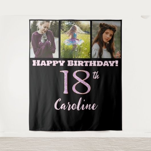 ハッピー18th誕生日パーティー、ピンクグリッター&3枚 タペストリー (正面)