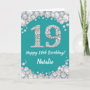 ハッピー19誕生日ティール(緑がかった色)とシルバーグリッターカード カード