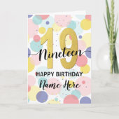 ハッピー19th誕生日パステルレインボー&金ゴールドガール カード (正面)