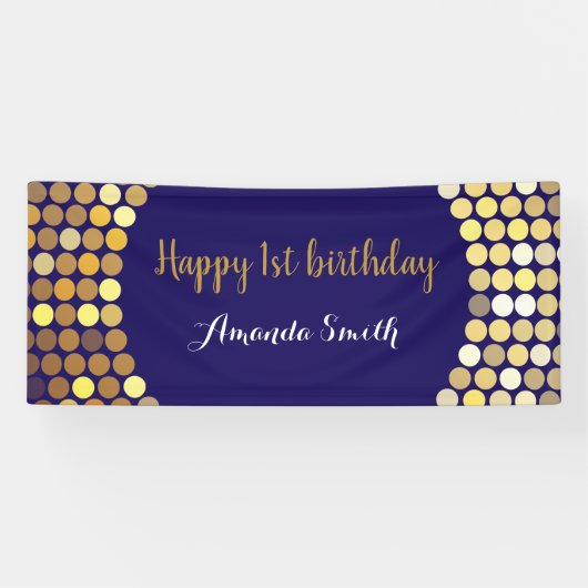 ハッピー1stバースデーバナーネービーブルー金ゴールドグリッター 横断幕 (横)