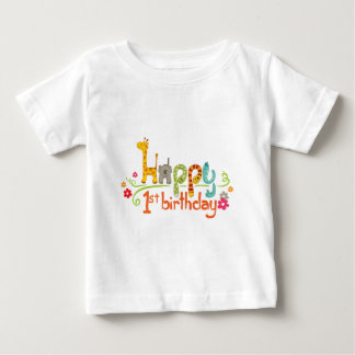 ハッピー1stバースデー - かわいい動物テーマのお祝い ベビーTシャツ