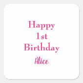 ハッピー1st第1誕生日ピンクホワイト名前をカスタムする スクエアシール (正面)