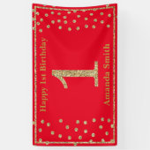 ハッピー1thバースデーバナーレッドと金ゴールドグリッター 横断幕 (縦)