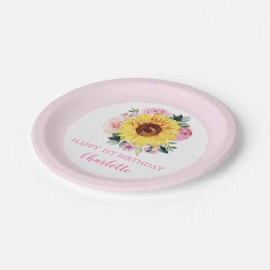 ハッピー1th誕生日ひまわりピンクフローラ ペーパープレート (アングル)