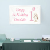 ハッピー1th誕生日バニーバルーンピンク 横断幕 (トレードショー)