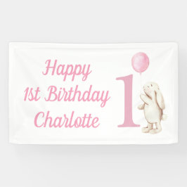 ハッピー1th誕生日バニーバルーンピンク 横断幕
