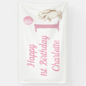 ハッピー1th誕生日バニーバルーンピンク 横断幕 (縦)