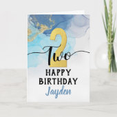 ハッピー2歳の誕生日を迎えるブルーウォーターカラー&金ゴールドボーイ カード (正面)