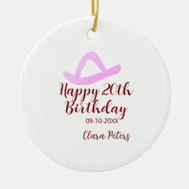 ハッピー20歳の誕生日 ピンクのカウボーイガール 名前入り 日付入り シンプル セラミックオーナメント