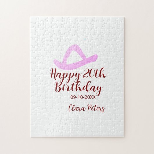 ハッピー20歳の誕生日 ピンクのカウボーイ ガール 名前 日付 シム ジグソーパズル (縦)