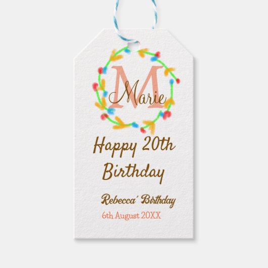 ハッピー20歳の誕生日 名前 モノグラム リース ギフトタグ (正面)