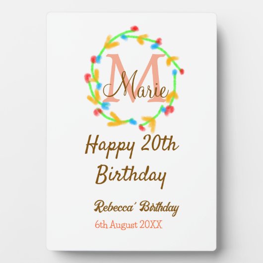 ハッピー20歳の誕生日 名前 モノグラム リース フォトプラーク (正面)