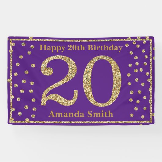 ハッピー20誕生日バナーパープル&金ゴールドグリッター 横断幕 (横)