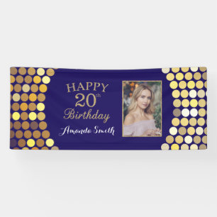 ハッピー20誕生日バナー。ネイビーブルー金ゴールド写真 横断幕