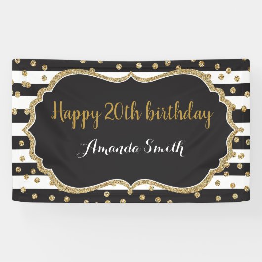 ハッピー20誕生日バナー。金ゴールドグリッター紙吹雪 横断幕 (横)