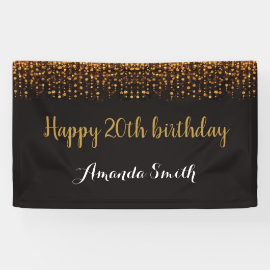 ハッピー20誕生日バナー。黒と金ゴールドグリッター 横断幕 (横)