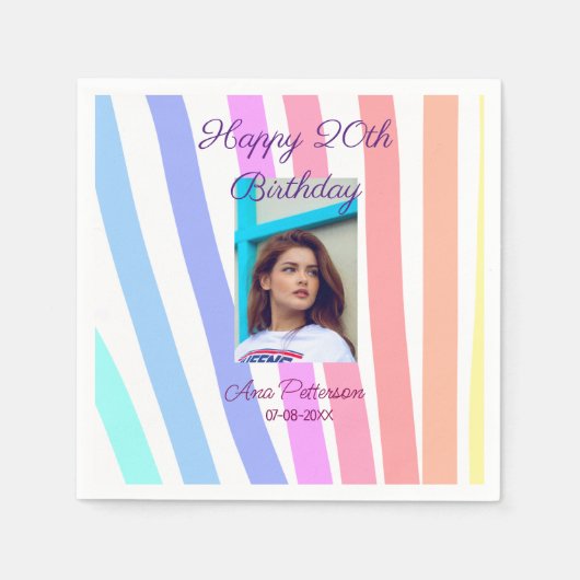 ハッピー20誕生日レインボー素朴なボーホラインphot スタンダードカクテルナプキン (正面)