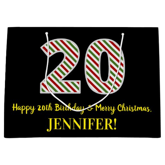 ハッピー20誕生日&メリークリスマス、名前をカスタムする ラージペーパーバッグ (正面)