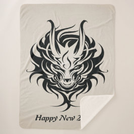 ハッピー2024年ブラックドラゴン顔 シェルパブランケット