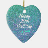 ハッピー20th誕生日ティール(緑がかった色)ブルーグリッター パーソナライズされた セラミックオーナメント (右)