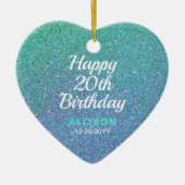 ハッピー20th誕生日ティール（緑がかった色）ブルーグリッター パーソナライズされた セラミックオーナメント (正面)