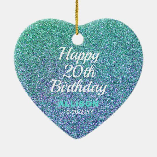 ハッピー20th誕生日ティール（緑がかった色）ブルーグリッター パーソナライズされた セラミックオーナメント (裏面)