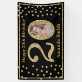 ハッピー20th誕生日バナーブラック&金ゴールド写真 横断幕 (縦)