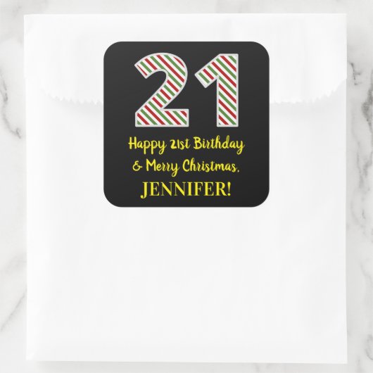 ハッピー21歳の誕生日とメリークリスマス、名前をカスタムする スクエアシール (バッグ)