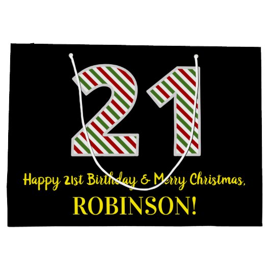 ハッピー21歳の誕生日とメリークリスマス、名前をカスタムする ラージペーパーバッグ (裏面)
