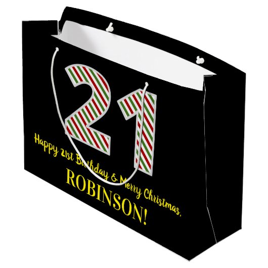 ハッピー21歳の誕生日とメリークリスマス、名前をカスタムする ラージペーパーバッグ (裏面アングル)