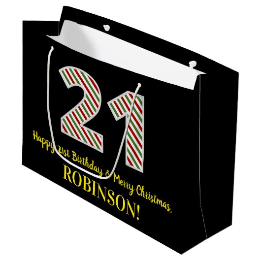 ハッピー21歳の誕生日とメリークリスマス、名前をカスタムする ラージペーパーバッグ (正面アングル)
