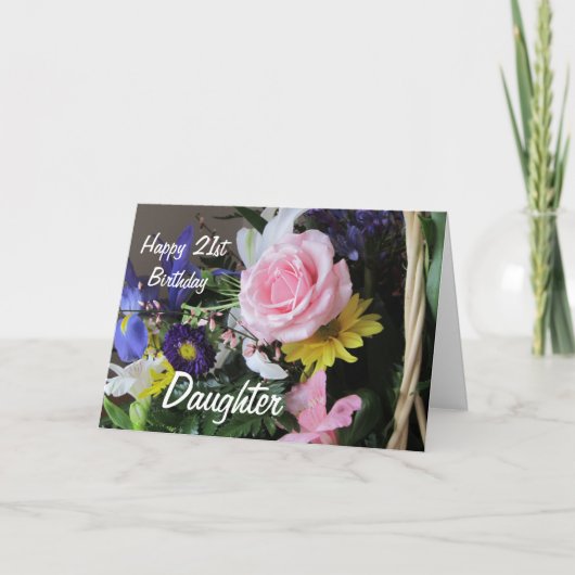 ハッピー21歳の誕生日ドーターピンクのローズブーケ カード (正面)