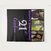 ハッピー21歳の誕生日パーティー、紫のグリッター、3枚の写真 タペストリー (正面(横))