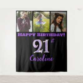 ハッピー21歳の誕生日パーティー、紫のグリッター、3枚の写真 タペストリー