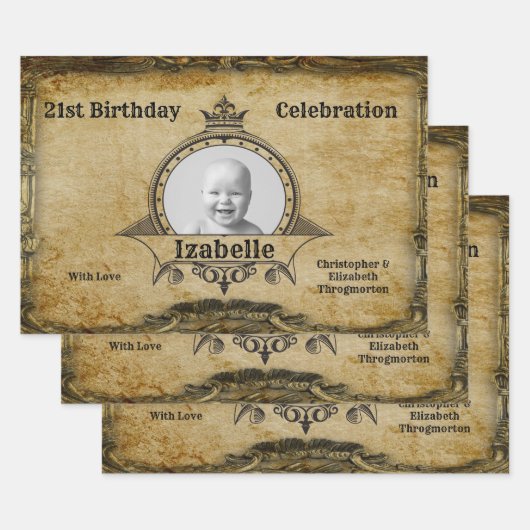 ハッピー21歳の誕生日ヴィンテージフォトモノグラム金ゴールド ラッピングペーパーシート (セット)
