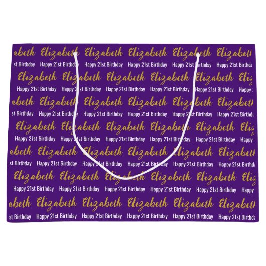 ハッピー21歳の誕生日金ゴールドスクリプト名パープルホワイト ラージペーパーバッグ (正面)