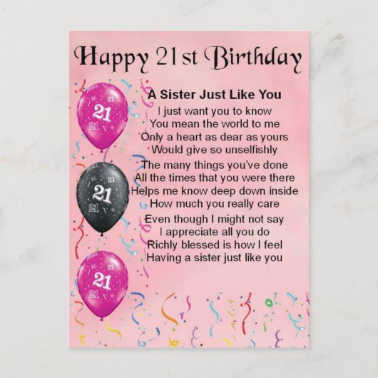 ハッピー21歳の誕生日 – 姉妹詩 ポストカード (正面)
