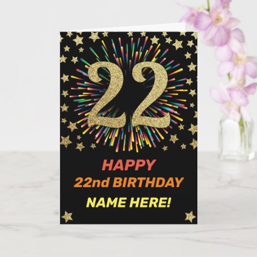 ハッピー22誕生日ブラック&金ゴールドレインボー花火 カード (蘭)