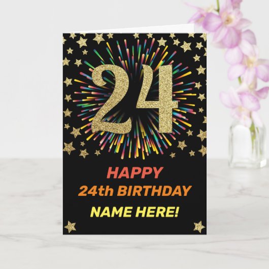 ハッピー24誕生日ブラック&金ゴールドレインボーファイアーワーク カード (蘭)