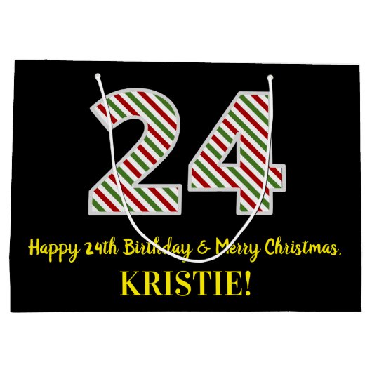 ハッピー24誕生日&メリークリスマス、名前をカスタムする ラージペーパーバッグ (裏面)