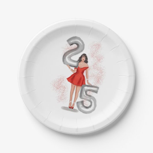 ハッピー25歳の誕生日、イラストレーション ペーパープレート (正面)