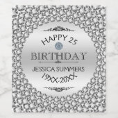 ハッピー25誕生日シルバー&ホワイトダイヤモンドプリント ワインラベル (シングルラベル)