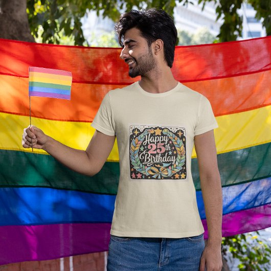 ハッピー25誕生日フローラスターズメンズ Tシャツ