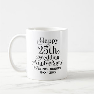 ハッピー25th結婚アニバーサリーブラックタイポグラフィ コーヒーマグカップ