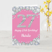 ハッピー27誕生日ピンクアンドシルバーグリッターカード カード (黄色い花)